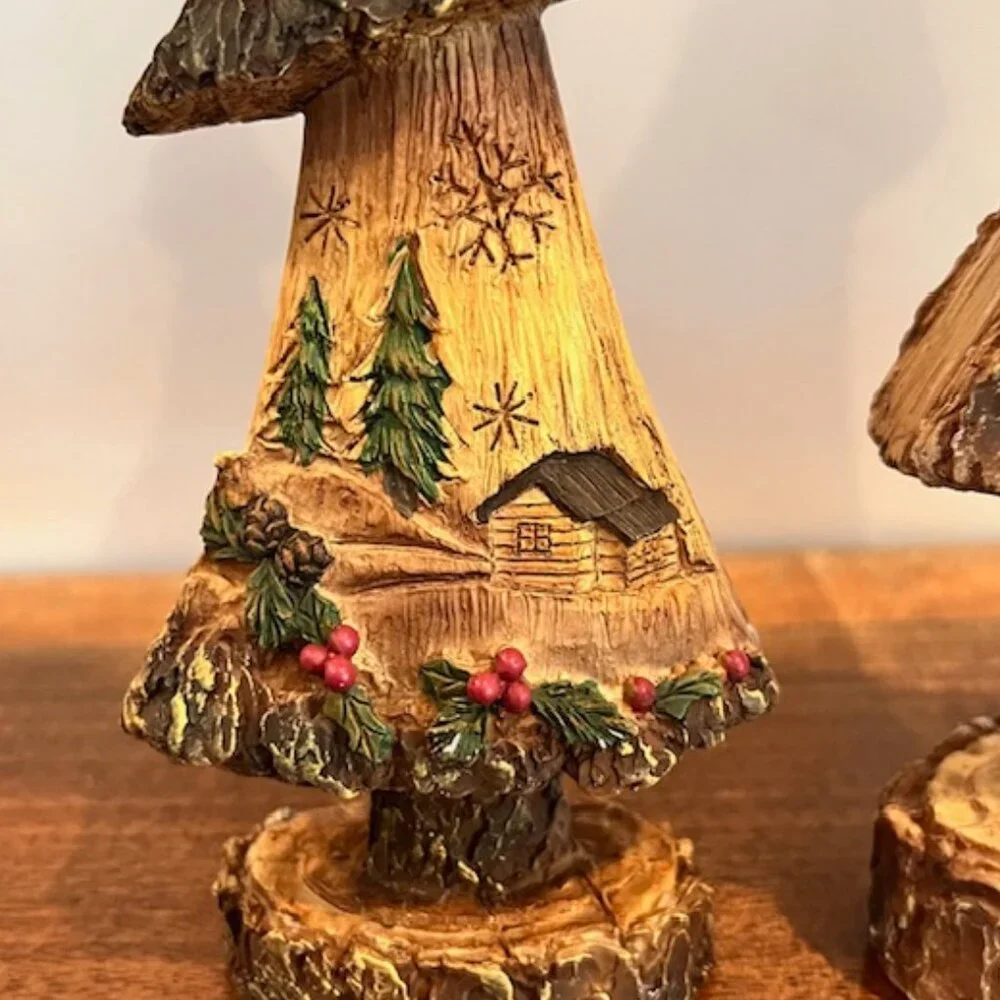 Pair of Resin Wood Look Rustic Carved Trees with Trees Snowflakes Cabin Holly